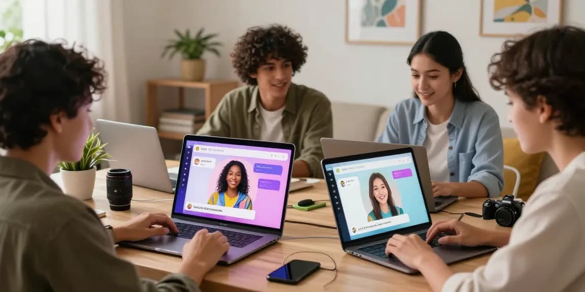 Engaging scene of users in AI chat NSFW interactions in a cozy workspace with multiple devices displayed.