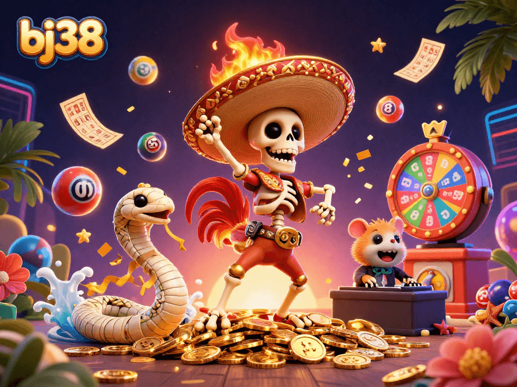Join the excitement at bj38 with thrilling lottery and bingo games, featuring a lively 3D illustration.
