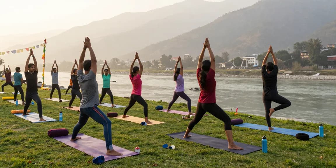 Yoga teacher training in Rishikesh India, with students practicing yoga along the Ganges River amidst the Himalayas, emphasizing wellness and serenity.
