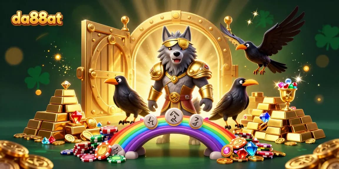 Experience thrilling wins at da88at with Odin and his ravens amidst a dazzling casino landscape.