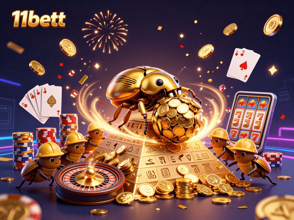 Play and win at 11bett with golden coins and vibrant casino elements in a celebratory scene