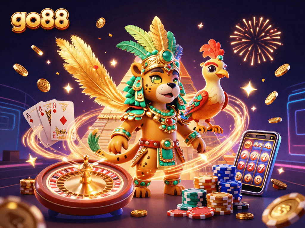 Engage with go88 in this vibrant 3D casino scene filled with exciting gaming elements and festive energy.