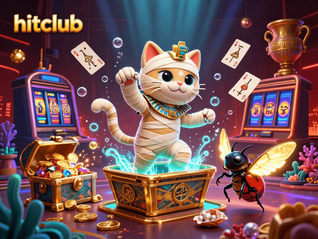 Hitclub interactive scene showcasing a mummy cat and a scarab beetle in a vibrant casino, filled with glittering treasures.