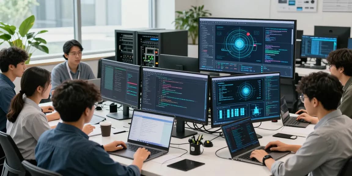 Dynamic edge computing collaboration scene with IT professionals analyzing data streams and IoT interactions.