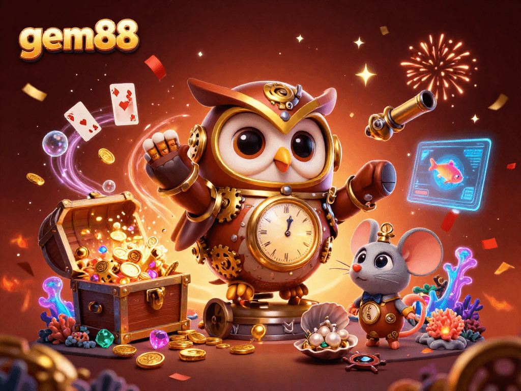 Win big with gem88: Experience a fantastical 3D casino adventure with vibrant characters and elements.