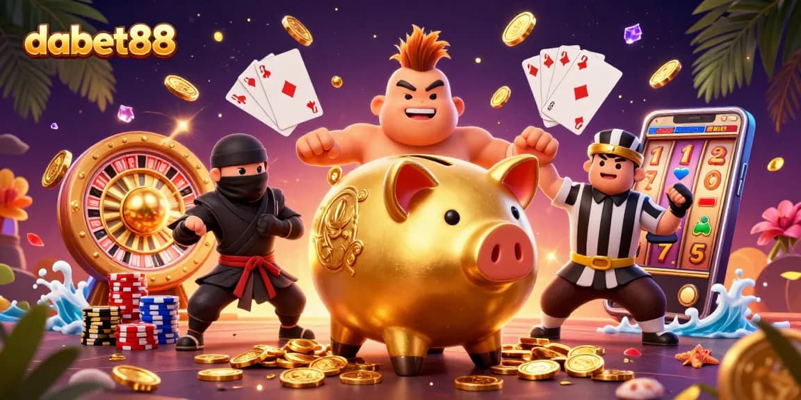 Dabet88 players bet big in a vibrant online casino scene with a golden piggy bank and dynamic elements.