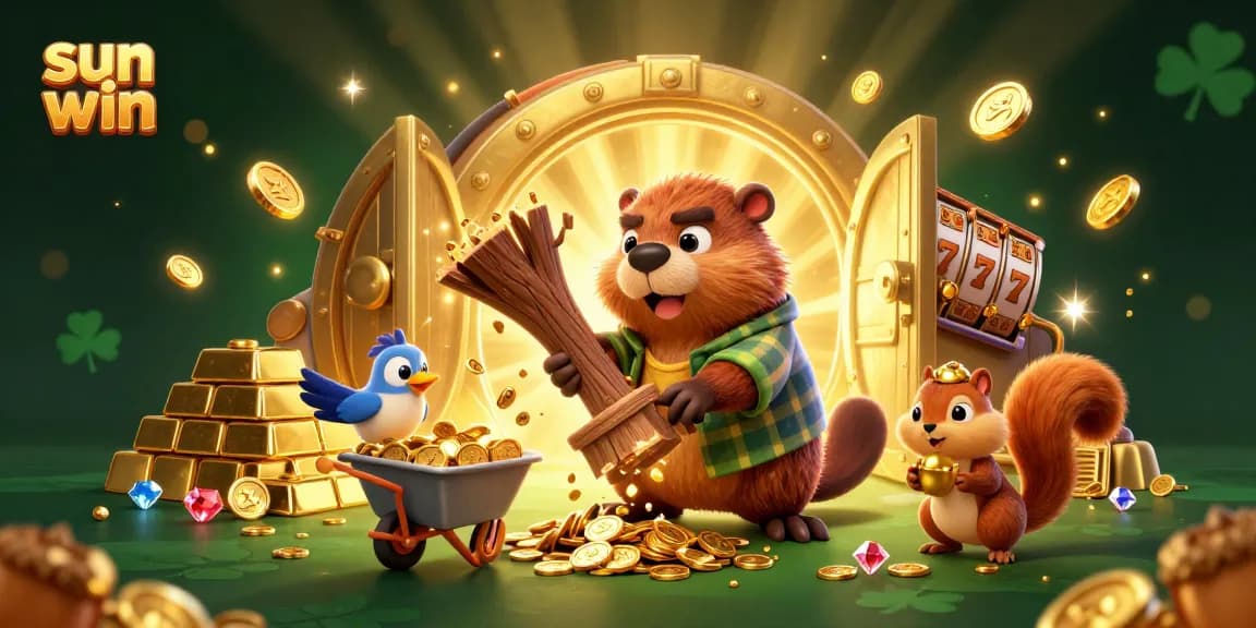 Engaging sun win scene with lively characters celebrating over golden coins and slot reels