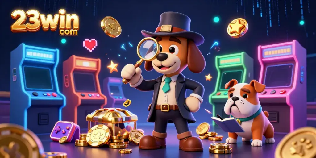 Engage with exciting games at 23win com while a detective investigates a treasure clue amidst vibrant casino elements.