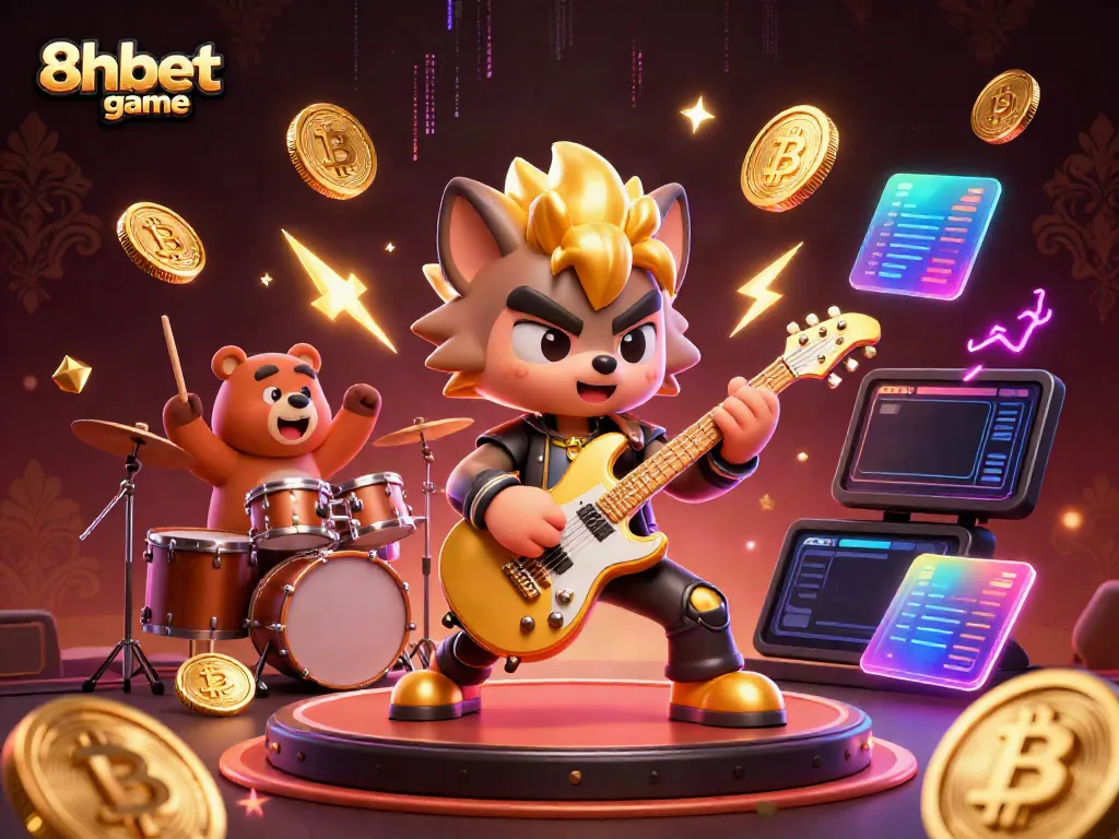 Experience the excitement of 8xbet game with vibrant characters and crypto visuals in a lively casino atmosphere.