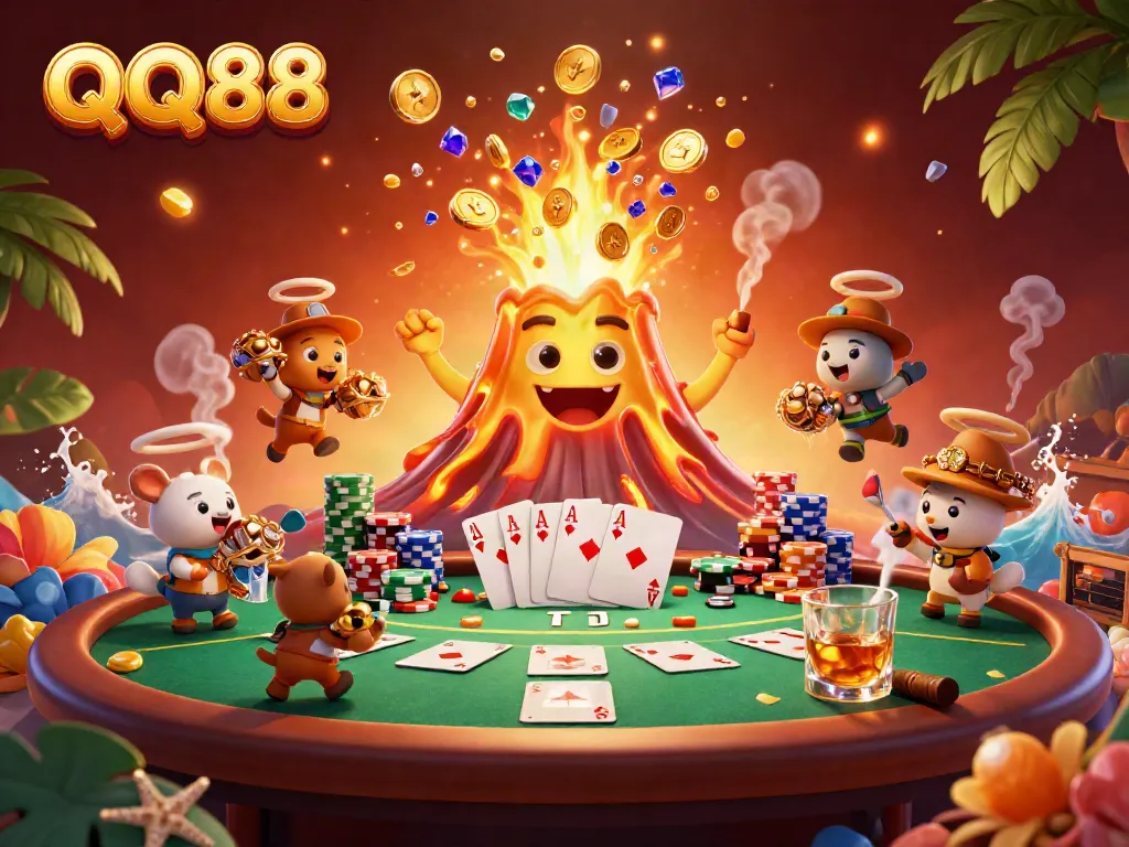 Experience the thrill of QQ88 through this vibrant illustration of a golden volcano and poker elements.