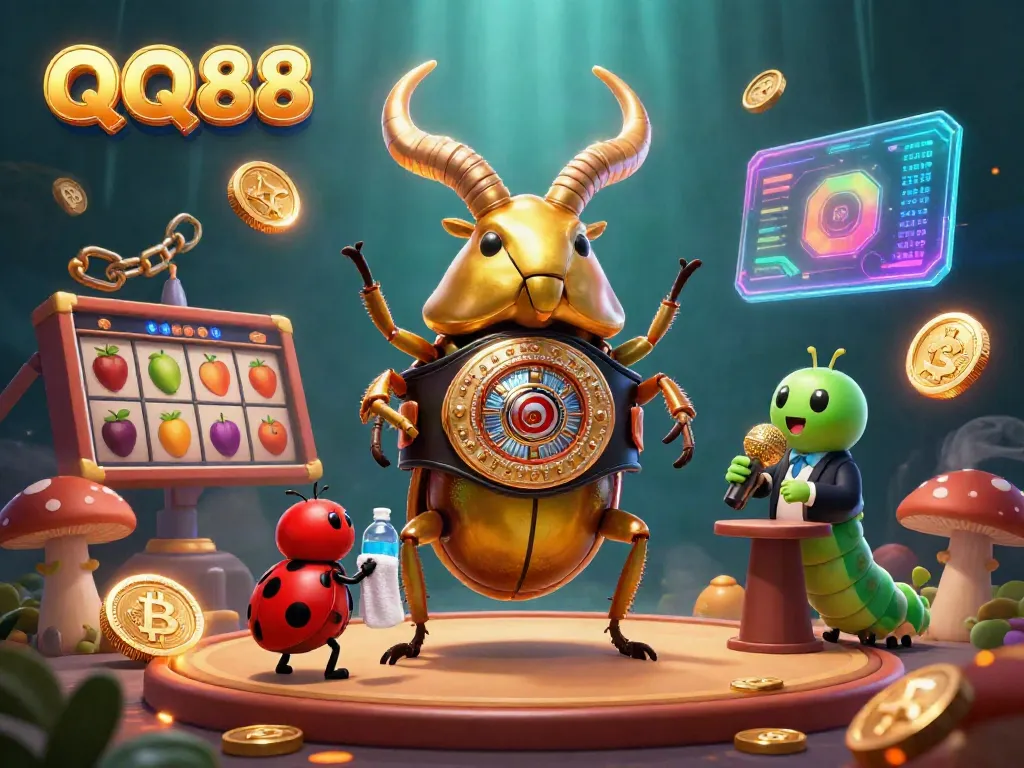 Engage with QQ88's immersive 3D casino world featuring vibrant characters and gambling elements.