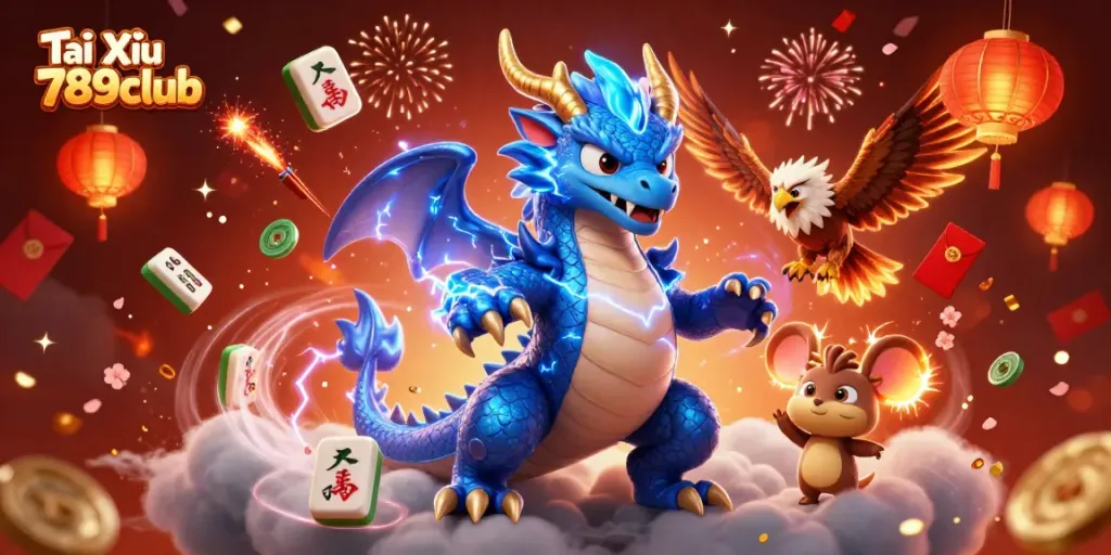 Tài Xỉu 789club features vibrant 3D characters and casino elements creating an electrifying gaming atmosphere.