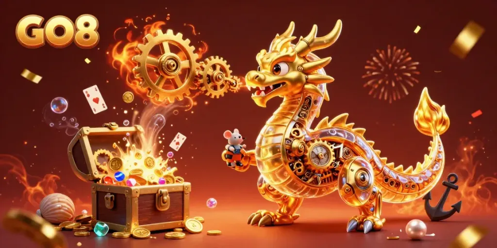 Experience the thrill of GO8 with our animated dragon exhibiting clockwork gears in a vibrant casino scene.