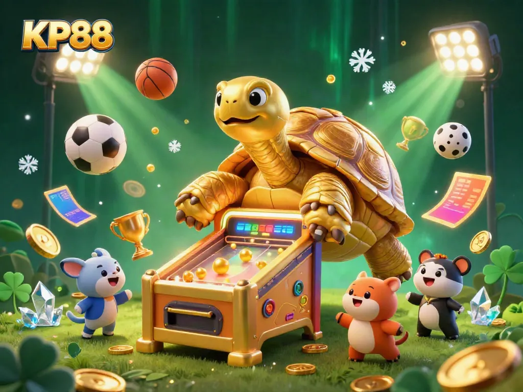 Experience the action-packed world of KP88 with a lively scene of gambling excitement featuring a golden tortoise pinball machine.