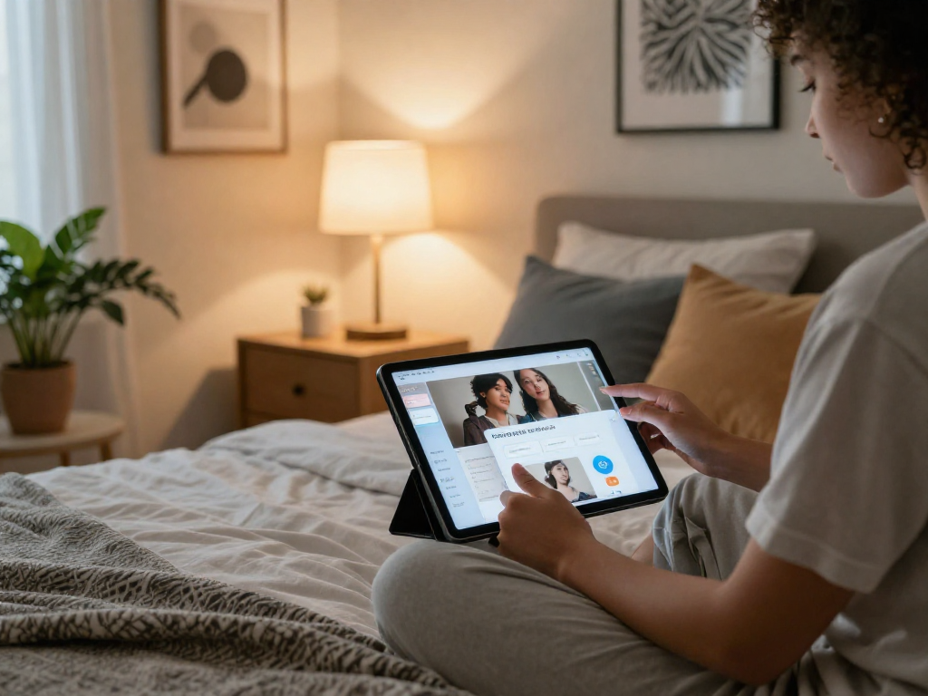 Engaging with an ai sex platform in a cozy modern bedroom.