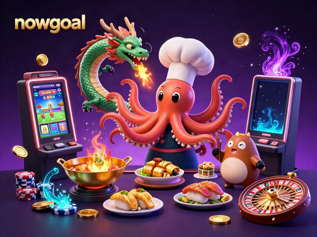 Engage with nowgoal's thrilling casino scene featuring a cheerful octopus chef and vibrant gaming elements.