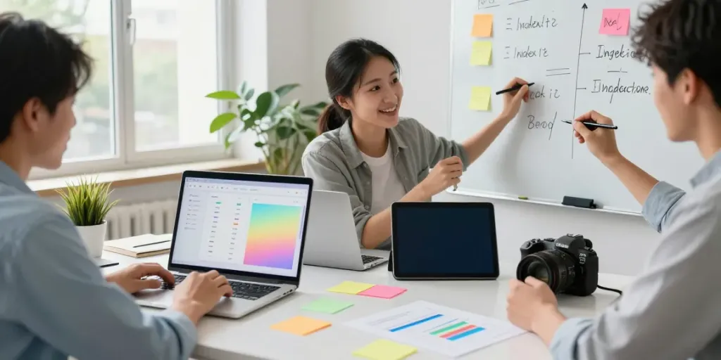 Team brainstorming instant indexing strategies in a bright digital marketing workspace.