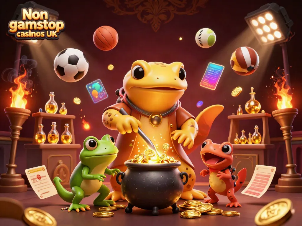 Engaging scene of Non gamstop casinos UK featuring a golden salamander alchemist and dynamic sports elements.