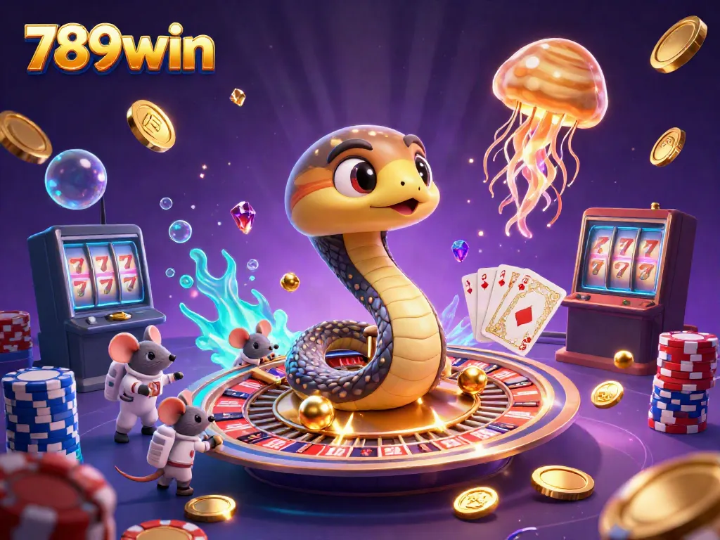 Experience the excitement of 789win with a cosmic casino featuring a roulette snake and astronaut mice placing bets.