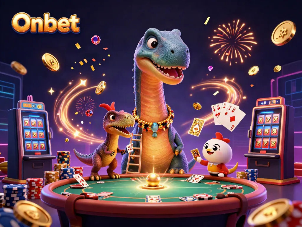 Onbet's vibrant casino scene featuring a towering brontosaurus and a raptor dealing cards with celebration elements.