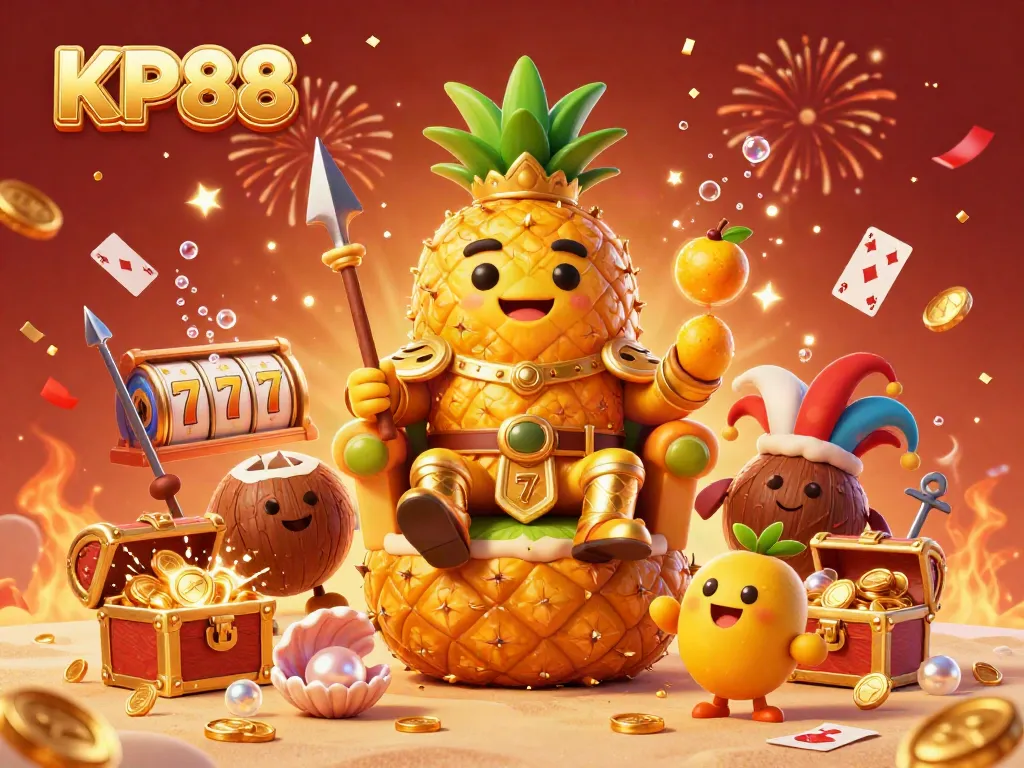 KP88 showcases a vibrant and lively beach casino scene featuring a golden pineapple king and dynamic game elements.
