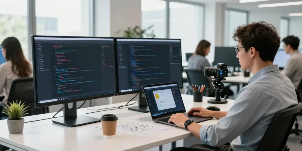 Publish software article in a vibrant tech office showcasing productive collaboration and innovation.
