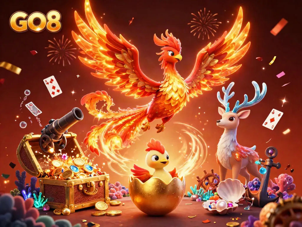 Celebrate winning with GO8 in this vibrant casino illustration featuring mythical creatures and gaming elements.