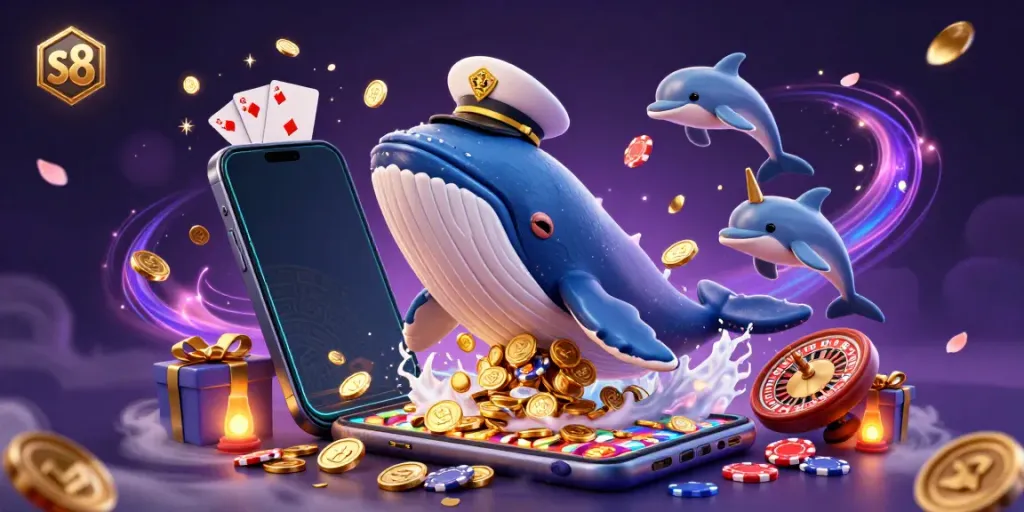 "s8" thrillingly showcases a whale, narwhal, and dolphins in a vibrant casino-themed illustration bursting with games and rewards.