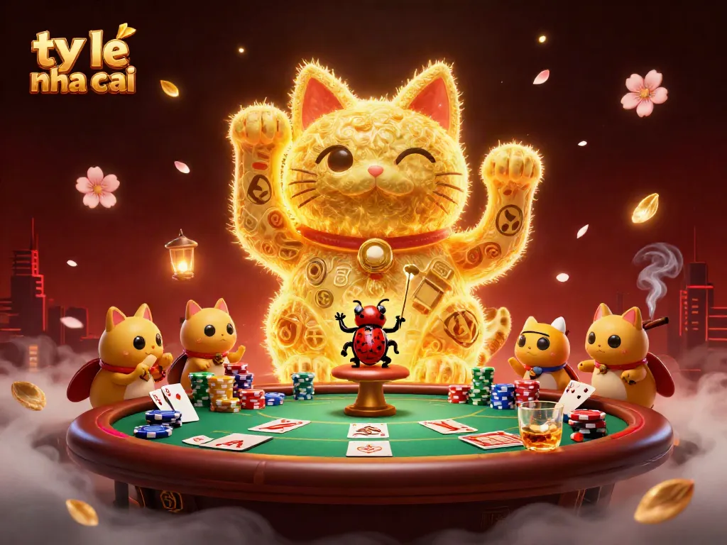 Experience ty le nha cai in a vibrant casino scene with a lucky cat and poker symbols.