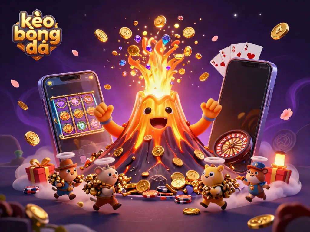 Experience kèo bóng đá with a vibrant volcano erupting coins, dynamic treasure elements, and gambling icons.