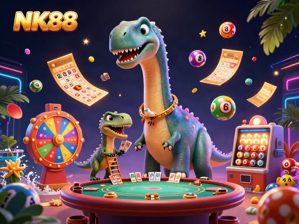 Experience the excitement of NK88 casino gaming, where a towering brontosaurus oversees vibrant lottery elements.