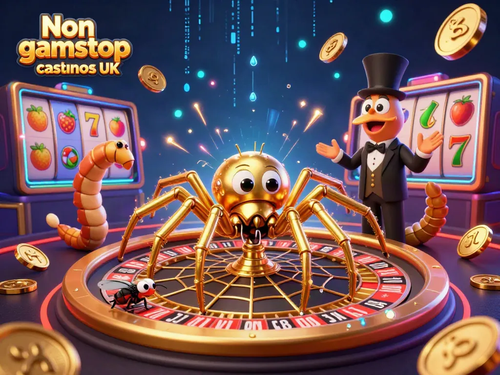 Engaging scene of Non gamstop casinos UK with a golden spider and colorful slot elements.