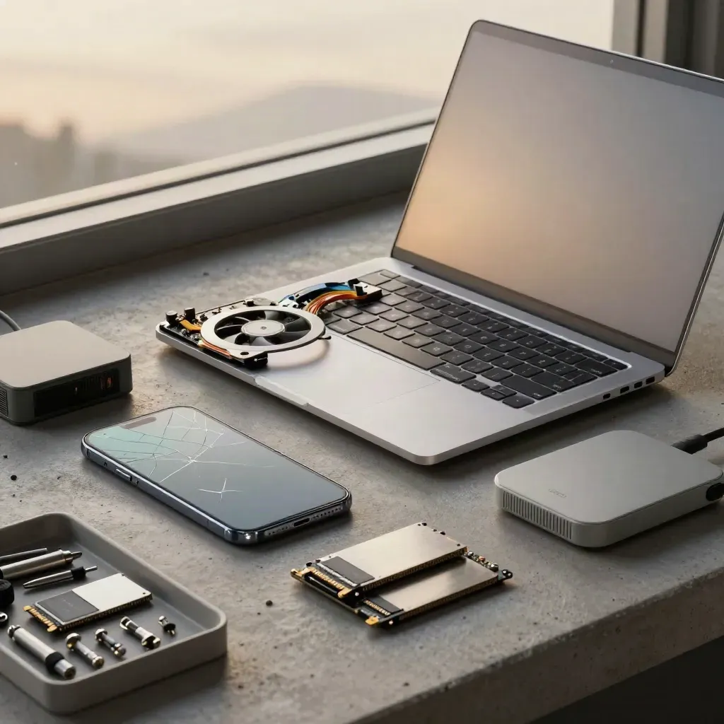 Laptop chassis, cracked phone screen, router and SSDs on a concrete repair bench in soft golden light.