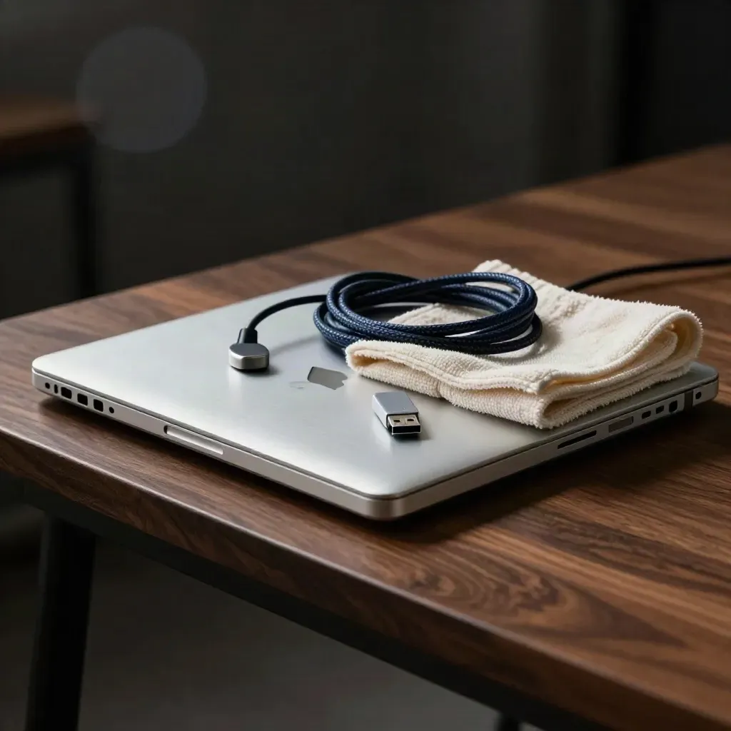 Closed silver laptop with charger, cloth, and recovery USB on a dark repair bench