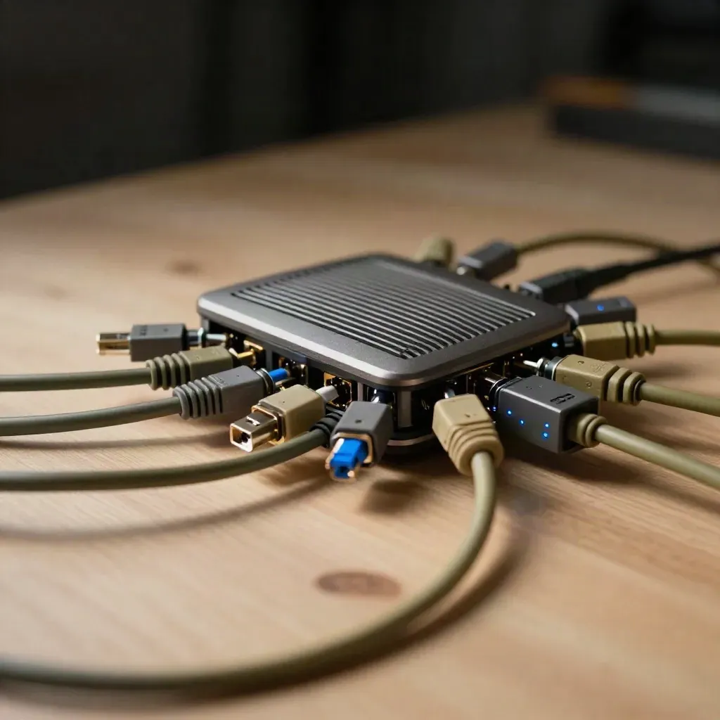 Macro router, patch cables and docking adapters on pale wood with blue accent light