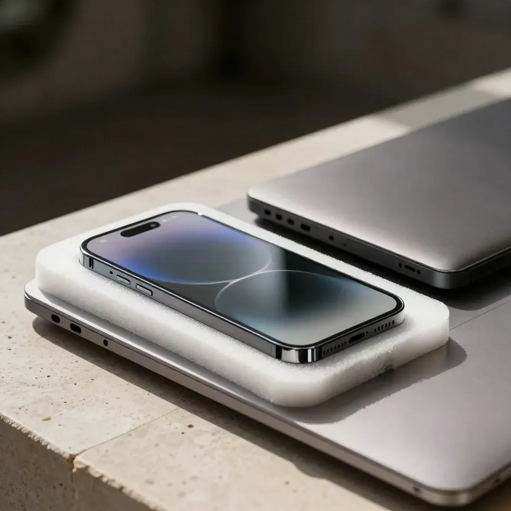 Phone glass panel in foam beside a closed laptop and SSD on cream stone, softly lit.