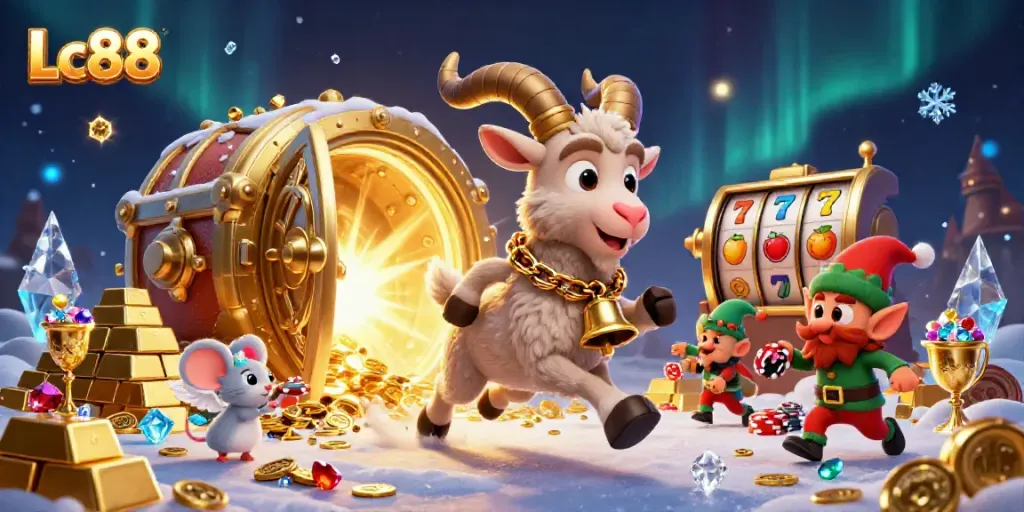 Experience festive casino excitement with Lc88’s 3D characters amidst a treasure-filled scene.