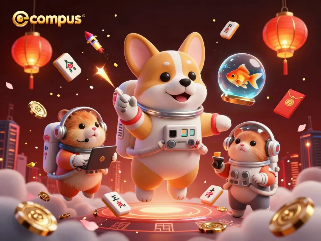 Experience the exciting universe of ecompus with a 3D astronaut corgi in a vibrant casino scene.