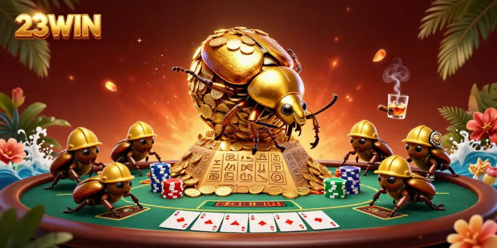 Engage with 23WIN's vibrant gaming scene featuring golden coins and poker elements.