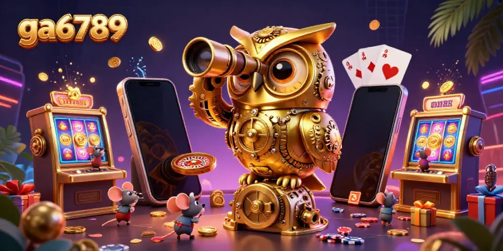 Engage with exciting ga6789 online casino games featuring an owl overseeing vibrant slot machines.