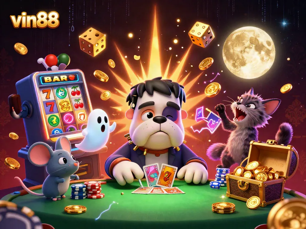 Experience thrilling action as vin88 dealers engage at a spooky casino table, surrounded by exciting game elements.