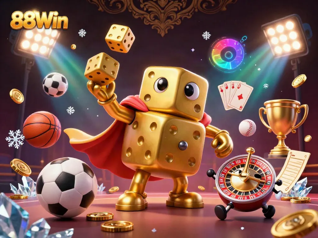 Experience exciting wins with 88Win's dynamic gaming scene featuring golden dice and sports elements.