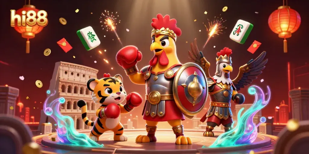 Engage with the vibrant gaming scene of hi88, featuring a gladiator rooster, sparring tiger cub, and gold elements in 3D.