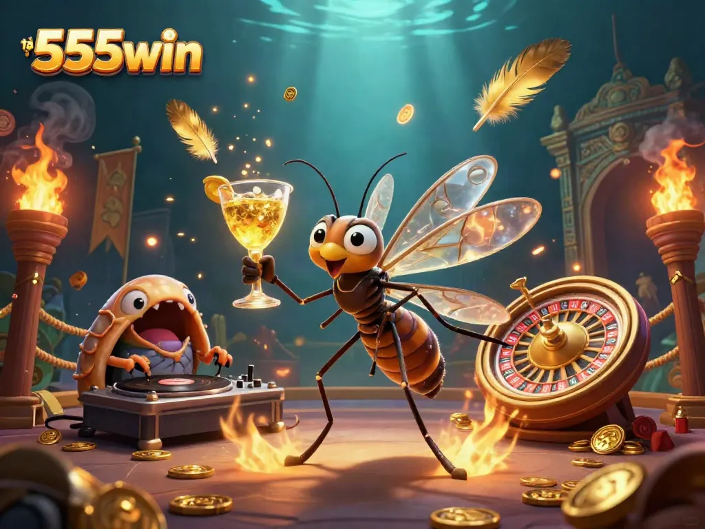 Spin to win with tại 555win at a dynamic casino scene featuring unique characters, tokens, and roulette.