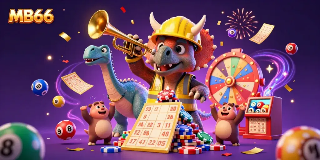 Experience thrilling wins at MB66 with a vibrant scene of a triceratops building poker chip pyramids, surrounded by joyous elements of casino games.