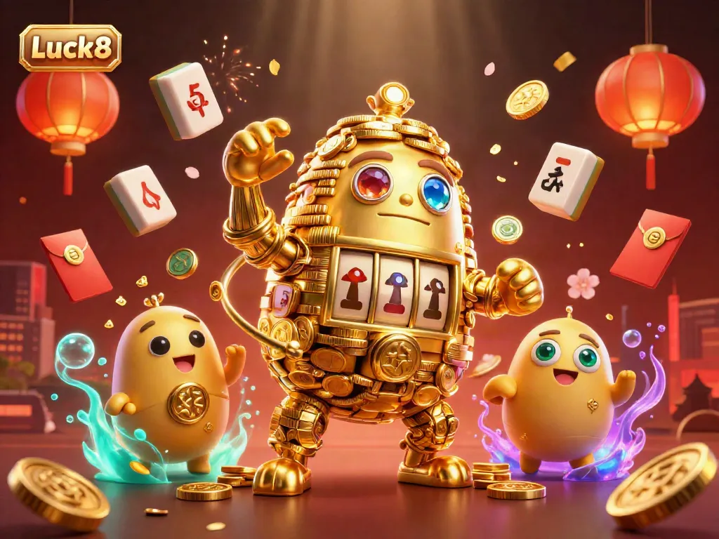 Engage in thrilling gameplay at Luck8 featuring a dynamic golden golem surrounded by casino-themed elements.