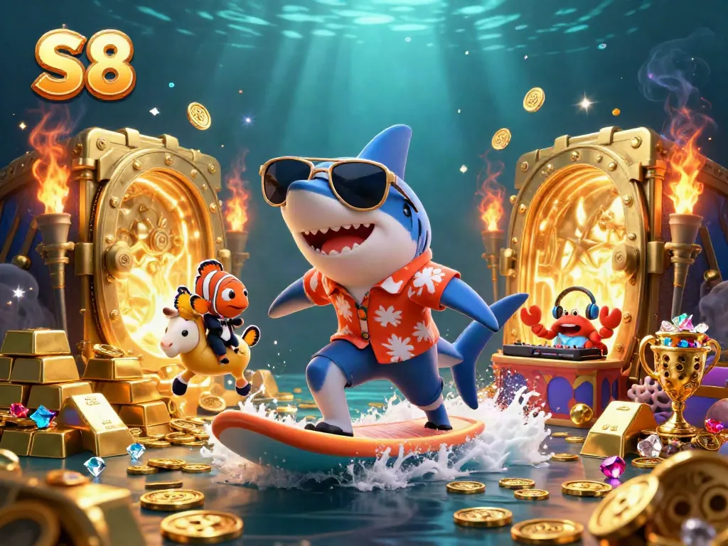 S8 players surfing on waves of gold coins amidst dynamic casino-themed characters and treasure