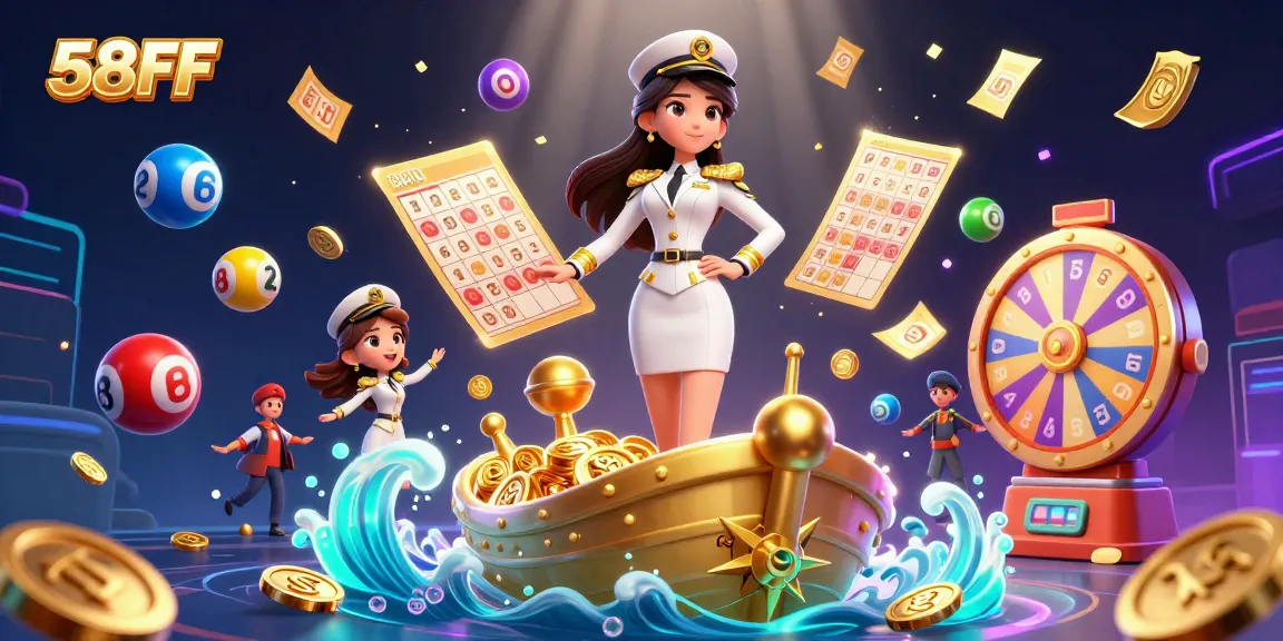 Join the exciting adventures at 58FF with dynamic lottery balls and confetti in a stunning casino scene.