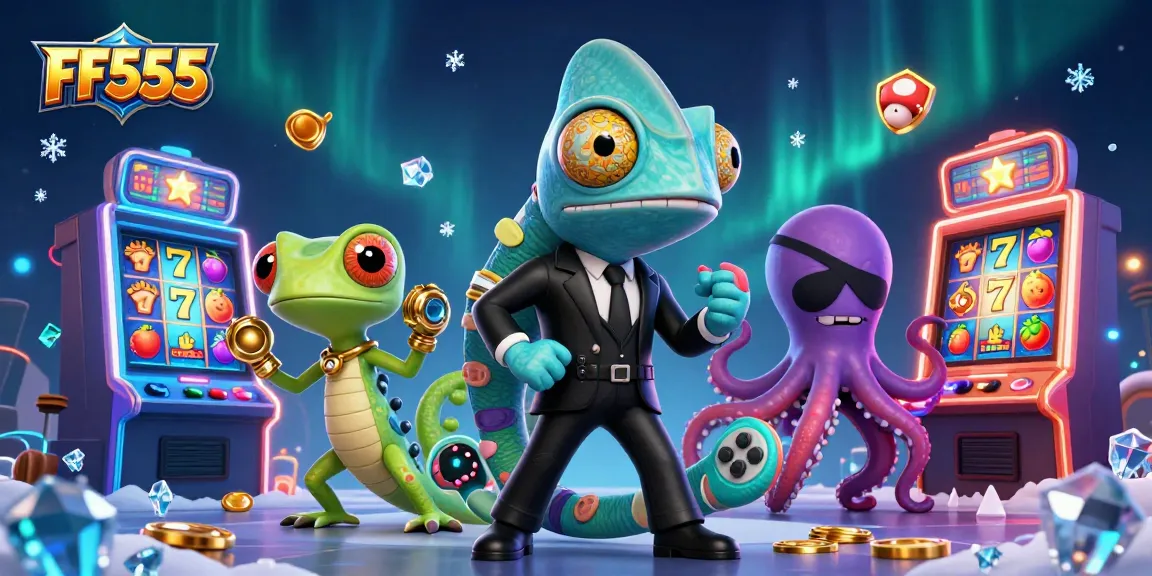 Spin the reels at FF555 with vibrant characters and animated slot machine elements.