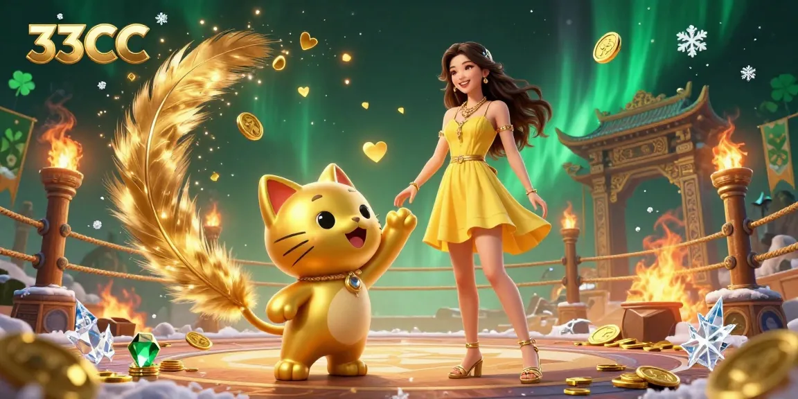 Engage with the vibrant world of 33CC, featuring interactive elements like golden lucky cat and floating coins.